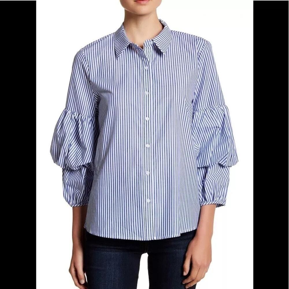 Ro&de Women's White Blue stripe puffy Sleeve Top classic button Size Large